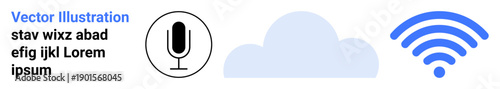 Audio streaming, cloud computing, data storage, wireless communication, internet technology, digital networks. Microphone, cloud and wireless icons. Cloud computing and wireless communication