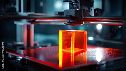 Red Transparent Cube on 3D Printer Bed with Advanced Technology in a Modern Workshop Environment