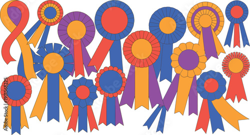 A colorful collection of rosettes and ribbons on a white background, symbolizing achievement and recognition.