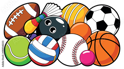 A colorful illustration of various sports balls and equipment for different games.