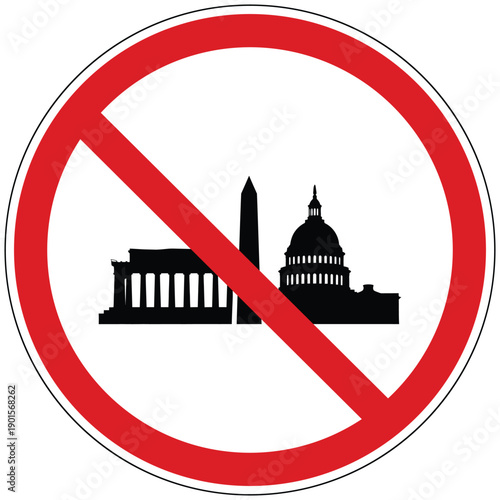 A clear prohibition sign with silhouettes of prominent US government buildings and national monuments indicating restricted zones