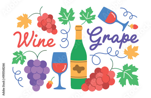 A colorful illustration of a wine bottle and glasses surrounded by grapes and leaves