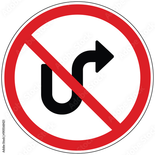 Prohibition road sign depicting a curved arrow indicating a U turn, signifying that such maneuvers are forbidden