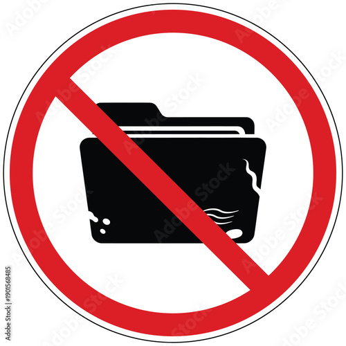 Prohibition sign displaying a document folder with wavy lines, symbolizing no data access or restricted file manipulation