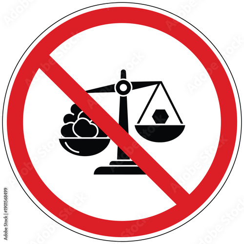 Prohibition sign featuring a balance scale with unequal items, symbolizing restrictions on imbalance, unfairness, or specific measurements
