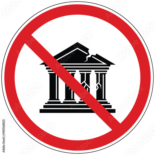 Restriction symbol for damaged classical architecture, indicating an unsafe or forbidden building structure