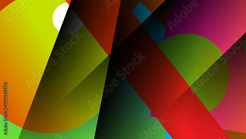 Abstract, colorful geometric design with overlapping shapes and gradients ideal for backgrounds, posters, and modern graphic projects. Great for digital art enthusiasts.