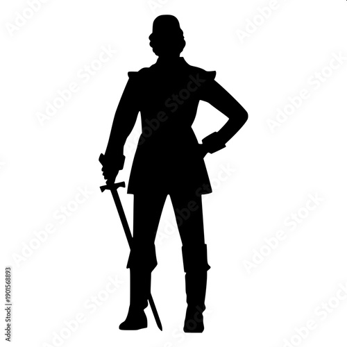 Black silhouette vector of medieval queen wearing crown and long royal gown, standing and holding crown above kneeling knight with sword, flat design, isolated on white background