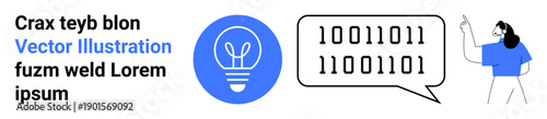 Data innovation, communication, coding, ideas, teaching, digital expression. Blue lightbulb, binary speech bubble person gesturing. Data innovation and communication concept
