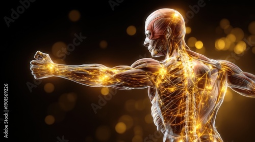 Stunning Visualization of Human Anatomy Highlighting Muscles, Nerves, and Energy Flow in a Dynamic Pose