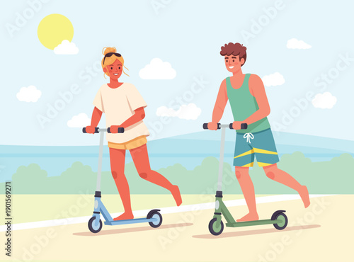 Happy young couple in summer outfits outdoors riding kick scooters along a coastal path. with a beach background.