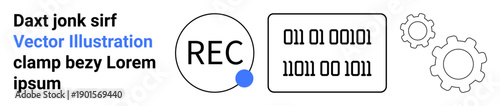 Technology, digital transformation, automation, binary coding, system design, workflow processes. Binary code and gear icons with text placeholder. Technology and digital transformation concept