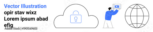Cloud with padlock symbolizing data security, globe for global connectivity, and person using digital device. Ideal for technology, cybersecurity, cloud services, online privacy, information sharing