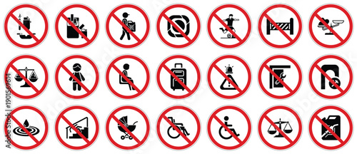 Comprehensive set of various prohibition signs indicating activities and objects not permitted in specific areas