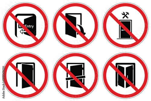 Essential collection of prohibition signs communicating restricted door access and maintenance in public and private spaces