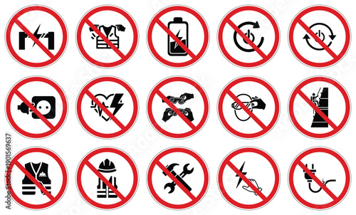 Essential safety signs prohibiting electrical hazards, power tools, and unauthorized equipment use in industrial and construction environments