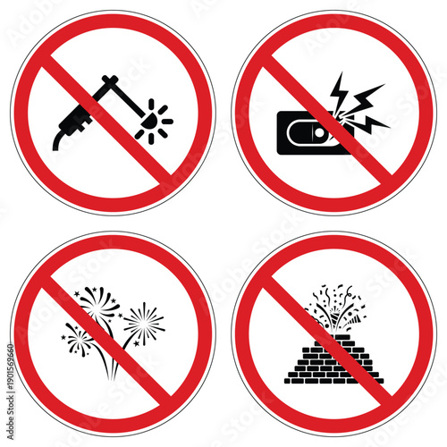 Group of four red circle prohibition signs indicating restrictions on welding, static electricity, and fireworks