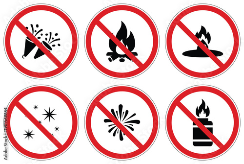 Important collection of prohibition signs indicating no fire, sparks, or igniting objects in designated safety controlled zones