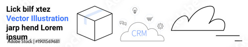 Cloud storage, CRM systems, data management, technology solutions, digital transformation, software interfaces. Minimalist box, abstract cloud and text elements. Cloud storage and CRM systems