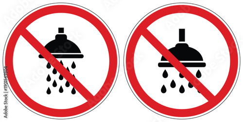 Two distinct prohibition signs indicating no showering, suitable for areas where water use or washing is restricted