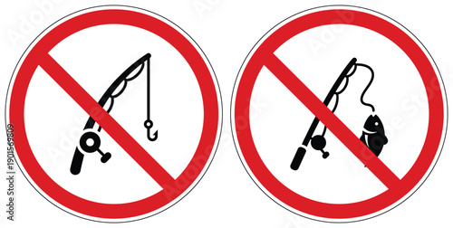 Two distinct red circle prohibition signs indicating no fishing activity with a rod and hook, and no catching fish