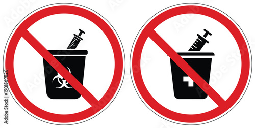 Two prohibition signs illustrating restricted sharps disposal, featuring biohazard and medical cross symbols, for healthcare environments