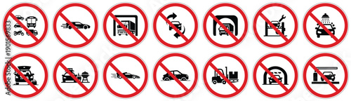 Various prohibition signs for vehicle types and restricted activities like washing or grilling outdoors