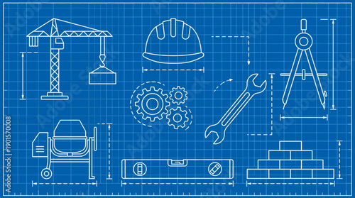 Blueprint of construction tools and machinery in technical drawing
