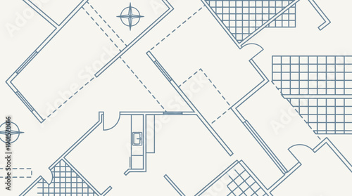 Modern architectural blueprint with grid patterns and compass
