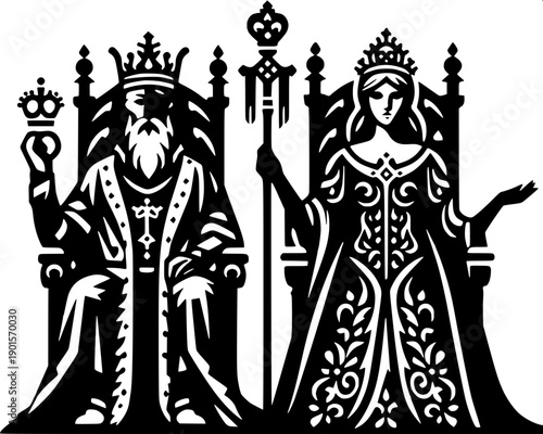 Minimalist black royal silhouette showing queen crowning kneeling knight, medieval ceremony scene, clean vector illustration, high contrast black and white