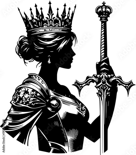 Minimalist black royal silhouette showing queen crowning kneeling knight, medieval ceremony scene, clean vector illustration, high contrast black and white