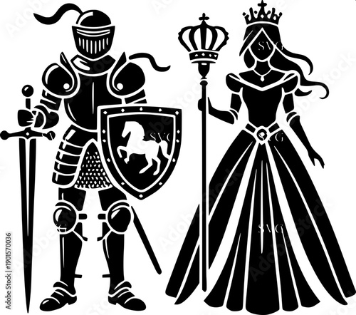 Minimalist black royal silhouette showing queen crowning kneeling knight, medieval ceremony scene, clean vector illustration, high contrast black and white