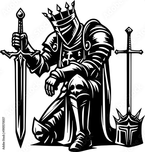Minimalist black royal silhouette showing queen crowning kneeling knight, medieval ceremony scene, clean vector illustration, high contrast black and white