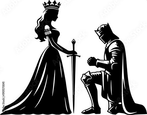 Minimalist black royal silhouette showing queen crowning kneeling knight, medieval ceremony scene, clean vector illustration, high contrast black and white