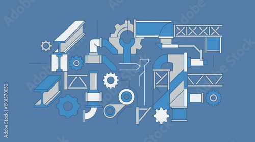 Industrial machinery blueprint with mechanical parts and gears