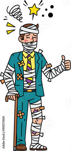 Injured cartoon businessman covered in bandages and plasters giving a thumbsup while feeling dizzy.