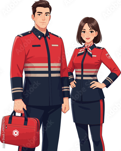 Male and female anime characters in red and dark blue emergency service uniforms.