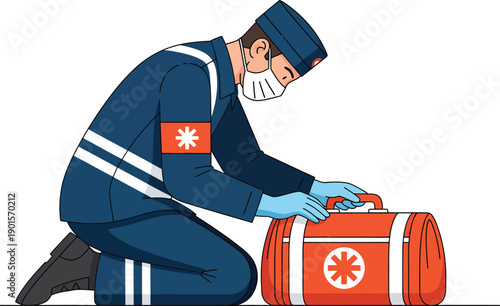 Kneeling paramedic in a blue uniform face mask and gloves attending to a red medical bag with a Star of Life symbol.