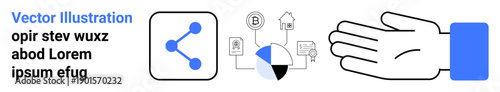 Data sharing, blockchain technology, user interface design, secure data handling, business analytics, digital teamwork. Set includes share icon, pie chart blockchain nodes and hand gesture. Data