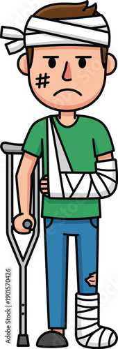 Sad injured cartoon character with a bandaged head arm in a sling leg cast and crutch.