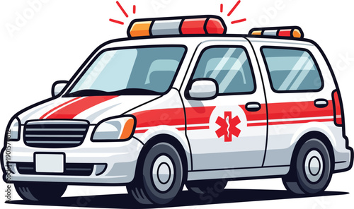 Stylized cartoon ambulance vehicle with red stripes Star of Life symbol and flashing emergency lights on its roof.