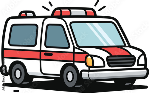 Stylized cartoon ambulance with flashing red emergency lights and a side stripe.