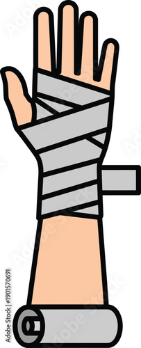 Stylized cartoon illustration of an injured hand and wrist wrapped in a grey medical bandage.