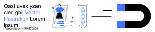 Science communication, genetic studies, biotechnology processes, data visualization, scientific magnetism, lab resources. Illustration shows a scientist, a DNA test tube and a magnet. Science
