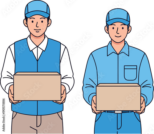 Two friendly delivery men in blue uniforms and caps holding cardboard packages front view illustration.
