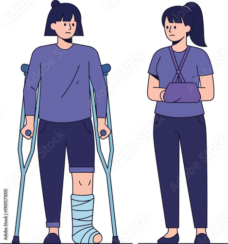 Two injured women standing one with a leg cast and crutches the other with her arm in a supportive sling.