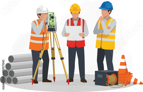 Vector illustration of a construction survey team with a theodolite plans and safety gear.