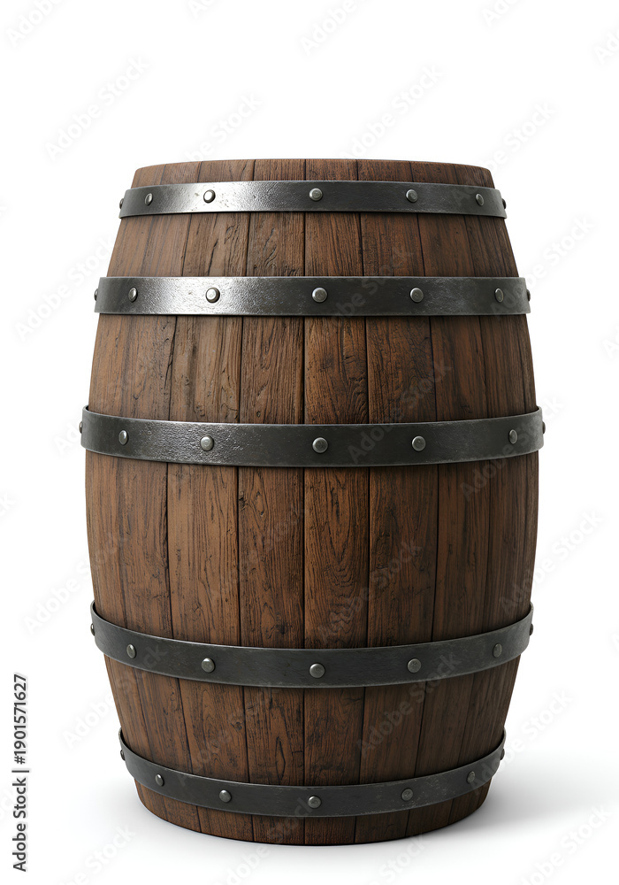Fototapeta premium Rustic Oak Wooden Barrel With Metal Hoops Isolated On White Background For Storage