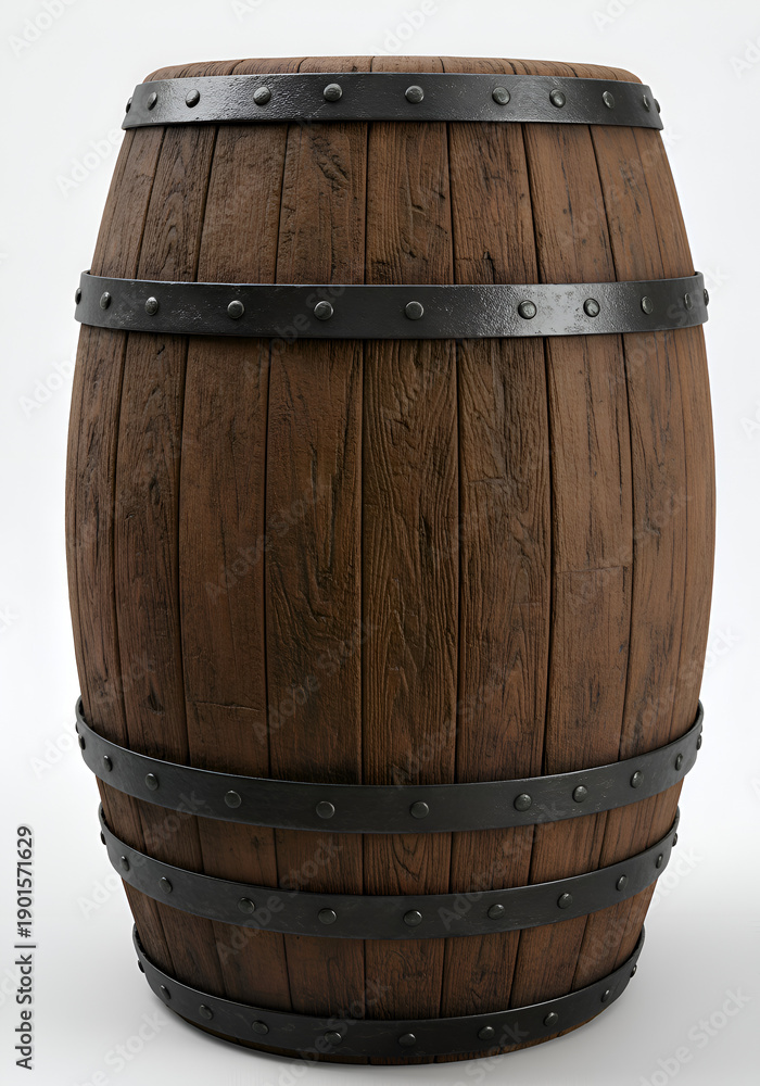 Fototapeta premium Rustic Oak Wooden Barrel With Metal Hoops Isolated On White Background For Storage