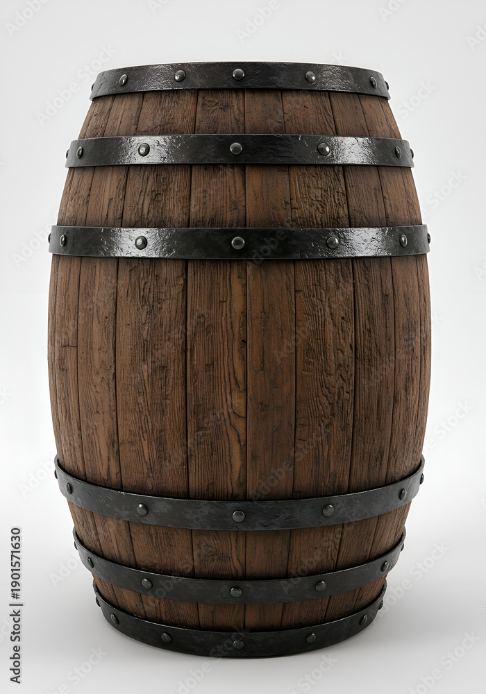 Obraz premium Rustic Oak Wooden Barrel With Metal Hoops Isolated On White Background For Storage